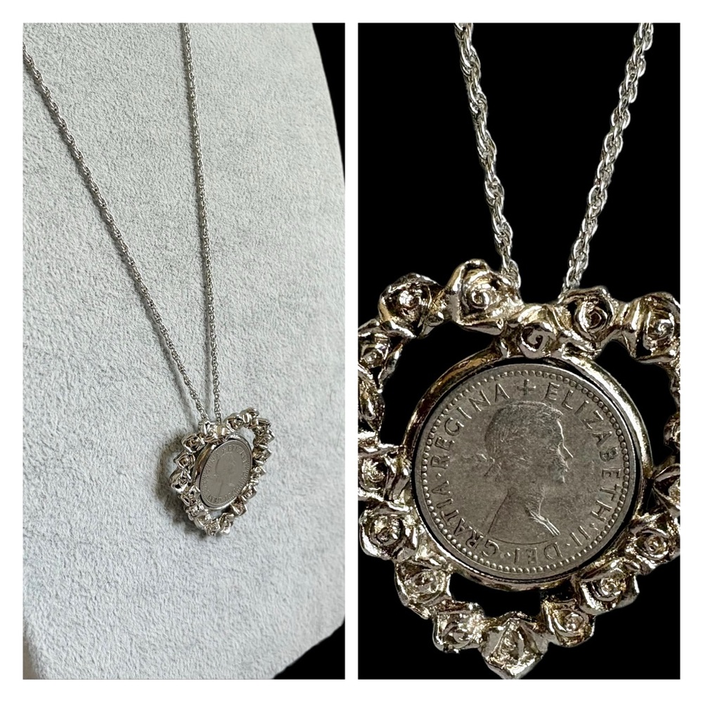 Vintage Pendant British Sixpence Coin Queen Elizabeth II Heart of Roses Necklace